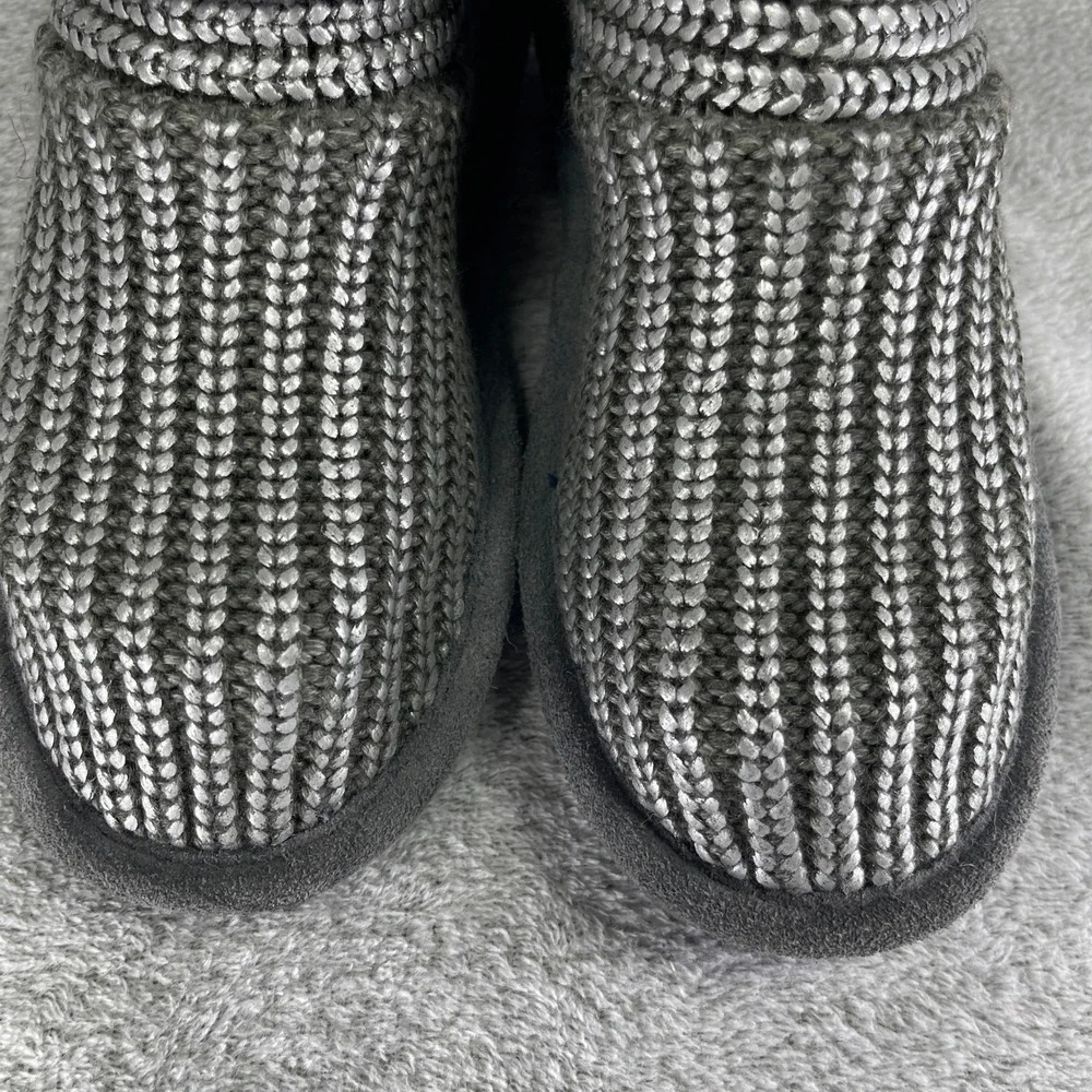 Bearpaw Boots Women 7 Gray Knit Tall Toggle Button Suede Trim Sparkle